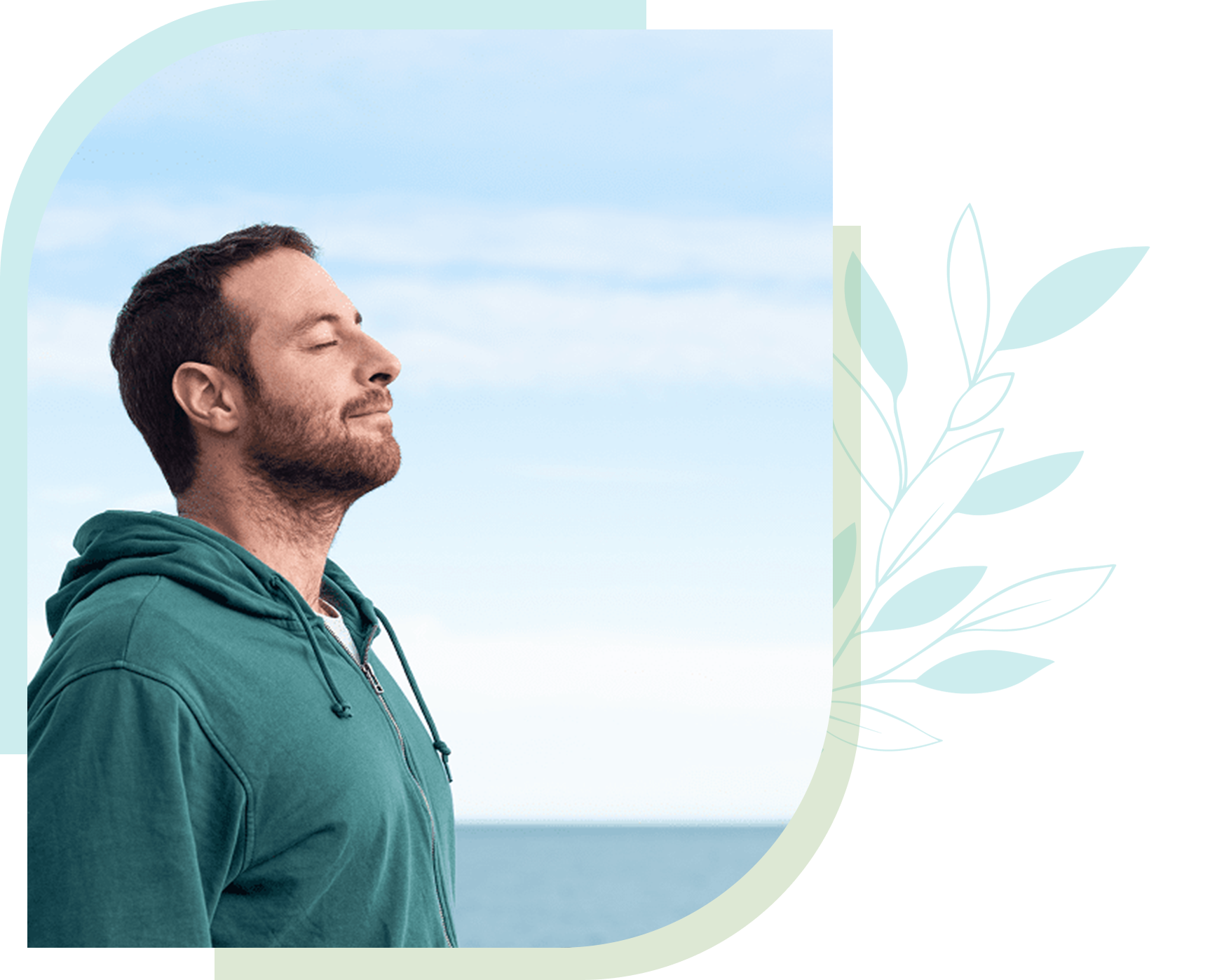 01 A man in a green hoodie stands by the sea, eyes closed, appearing calm. The image has a decorative leaf design on the right.