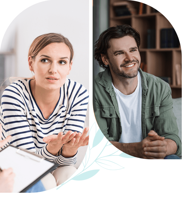 A woman and a man are seated, engaged in conversation. The woman gestures with her hands. A clipboard with papers is visible in the foreground. There's a decorative leaf graphic separating them.